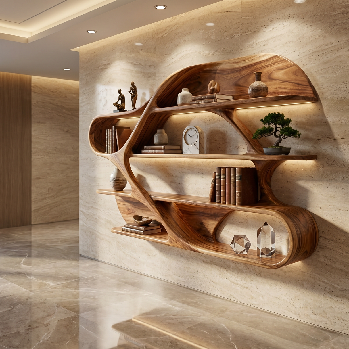 Organic Solid Wood Wall Bookshelf with Sculptural Open Shelves
