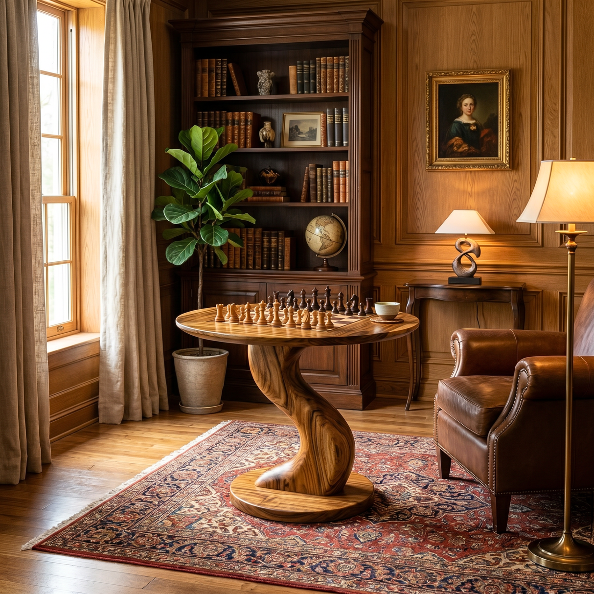Handcrafted Round Solid Wood Chess Table with Twisted Pedestal Base