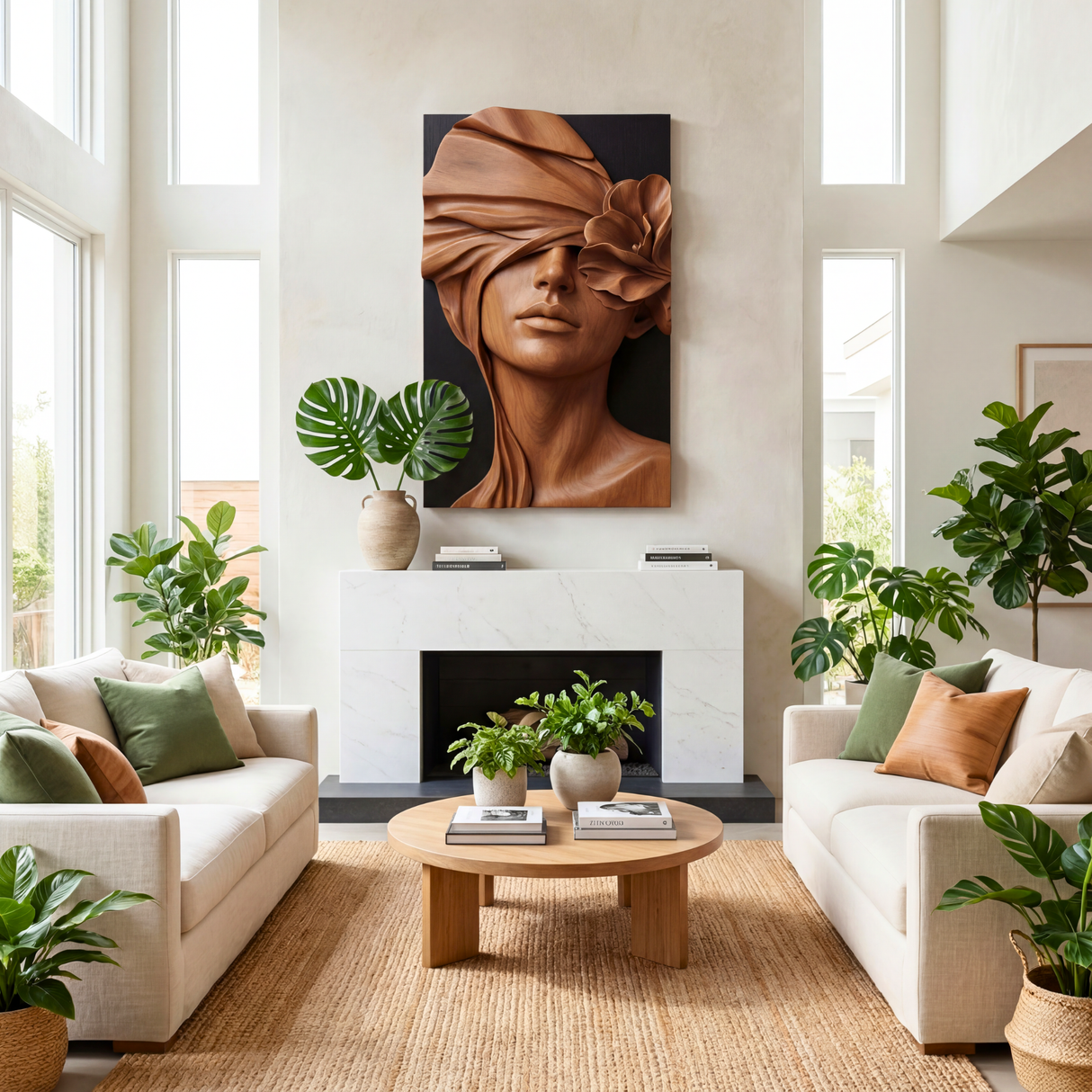 Soft Veil Bloom Wooden Relief Portrait Sculpture Wall Art