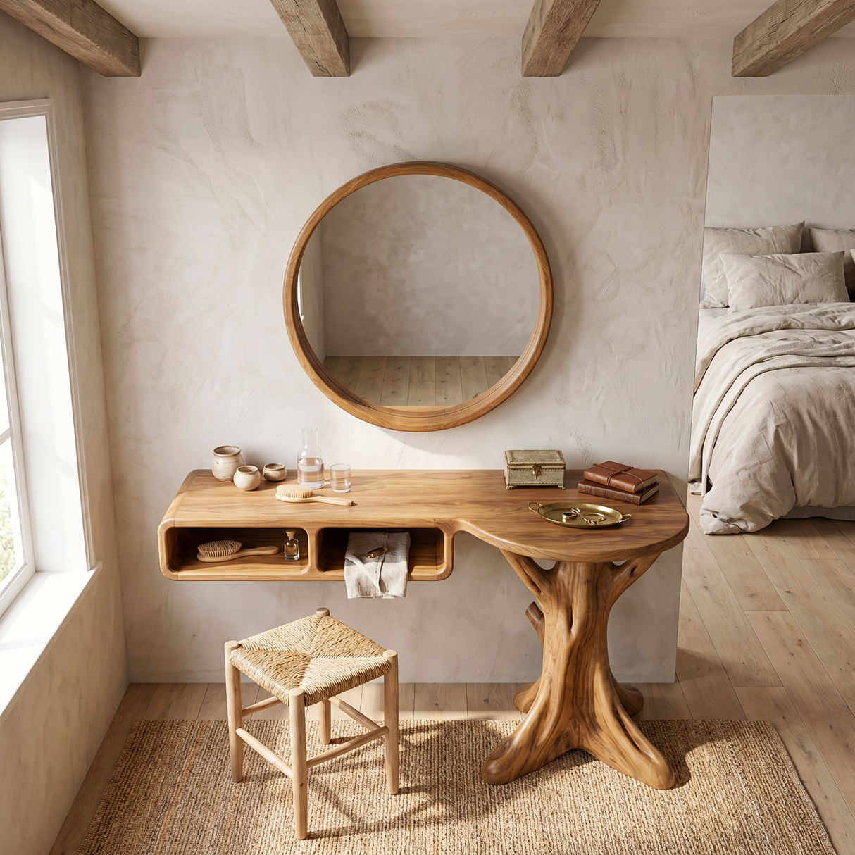 Handcrafted Solid Wood Vanity Console with Rounded Cubbies and Organic Branch Base