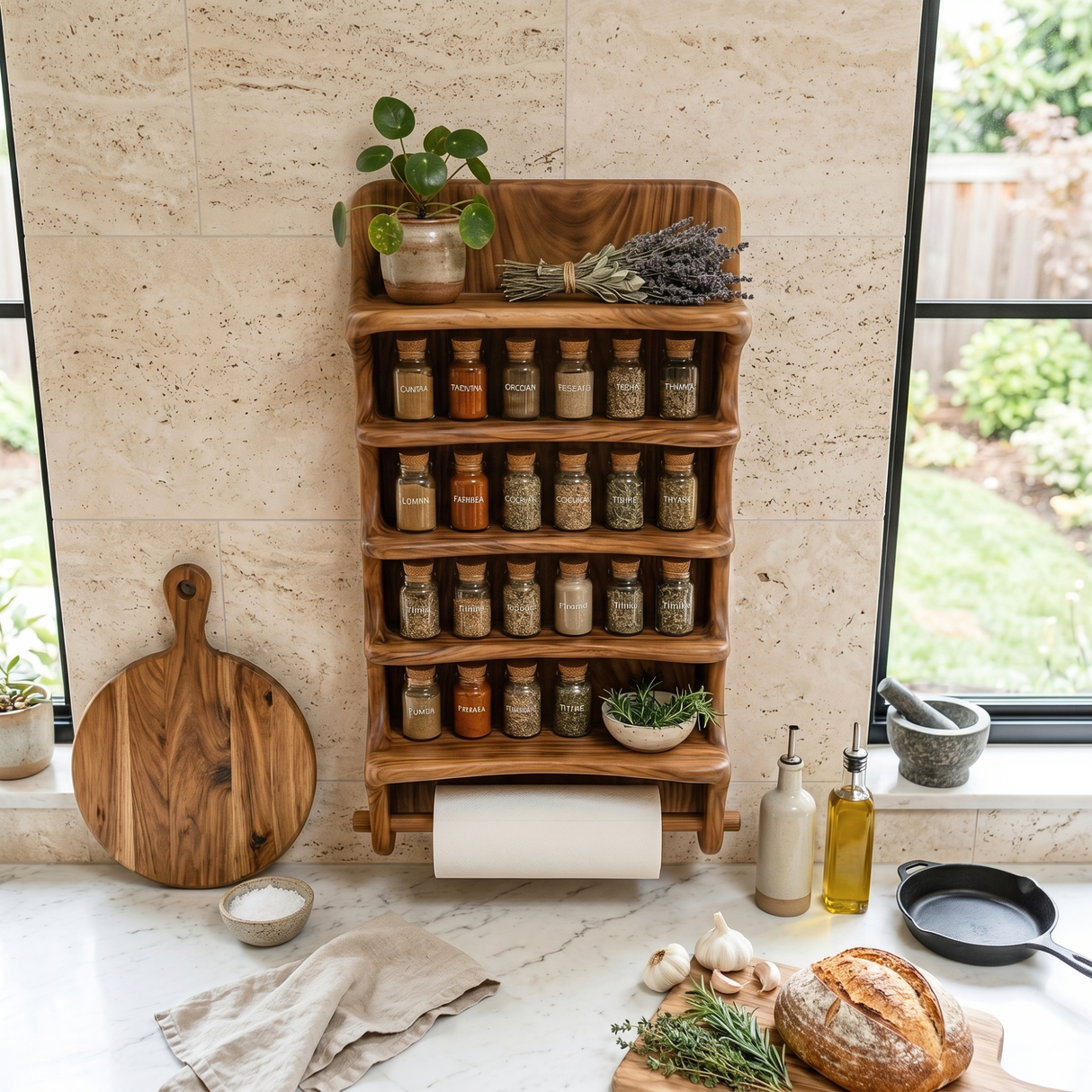 Solid Wood Wall Mounted Spice Organizer with Curved Shelves and Paper Towel Bar