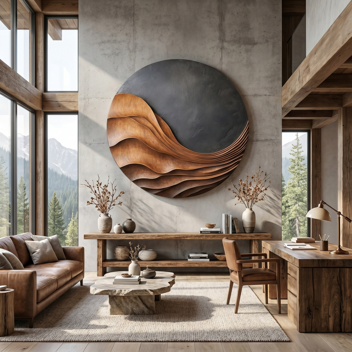 Handcrafted Round Wood Wall Sculpture with Flowing Layered Relief and Charcoal Textured Contrast
