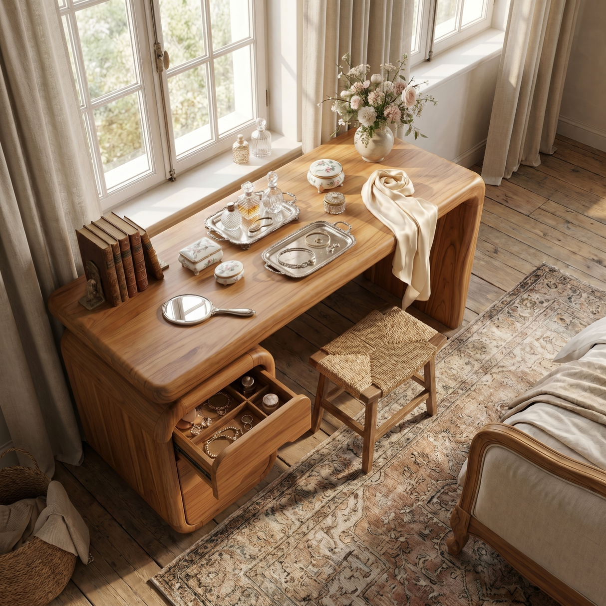 Solid Wood Vanity Desk with Rounded Drawer Pedestal and Waterfall Side