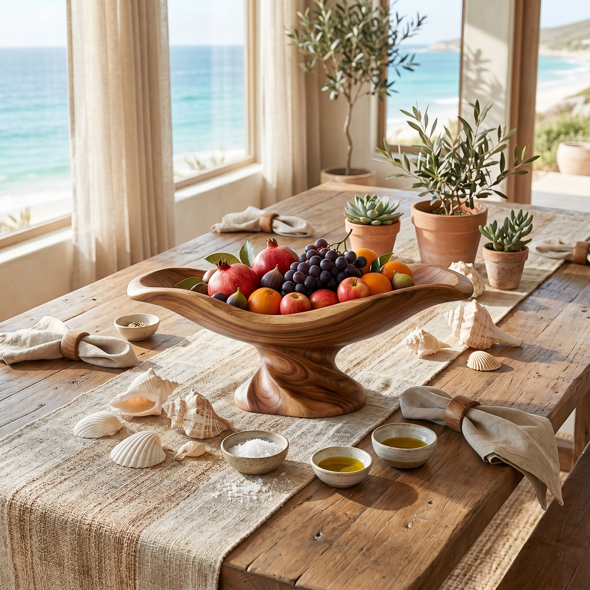 Handcrafted Wood Fruit Centerpiece Bowl with Wavy Rim and Sculpted Pedestal Base