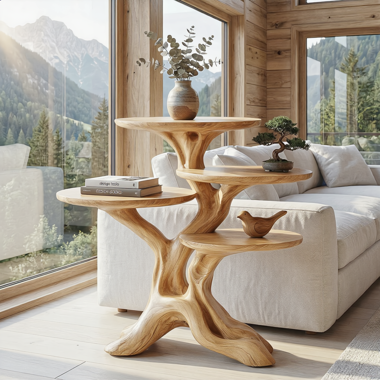 Branch Form Four Tier Wood Accent Table with Sculptural Root Base
