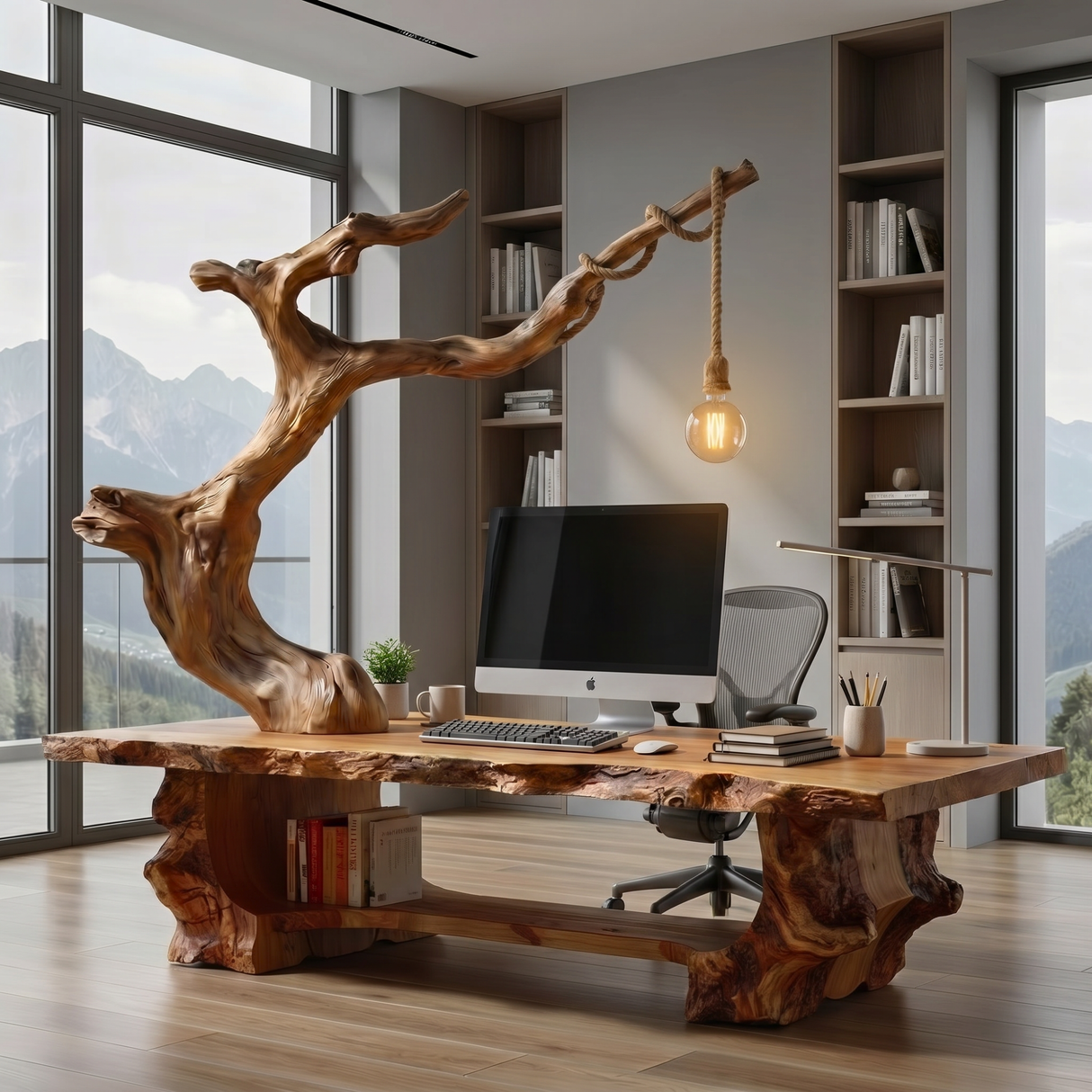 Solid Wood Sculptural Desk With Integrated Hanging Lamp Organic Modern Artistic Workspace Table
