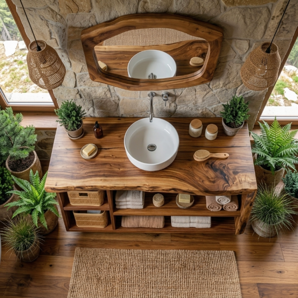 Solid Wood Bathroom Vanity with Open Storage and Vessel Sink