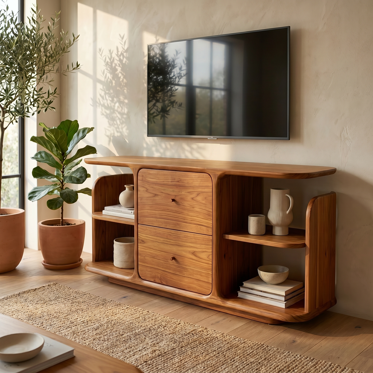 Natural Solid Wood Sideboard with Two Drawers and Open Display Shelves