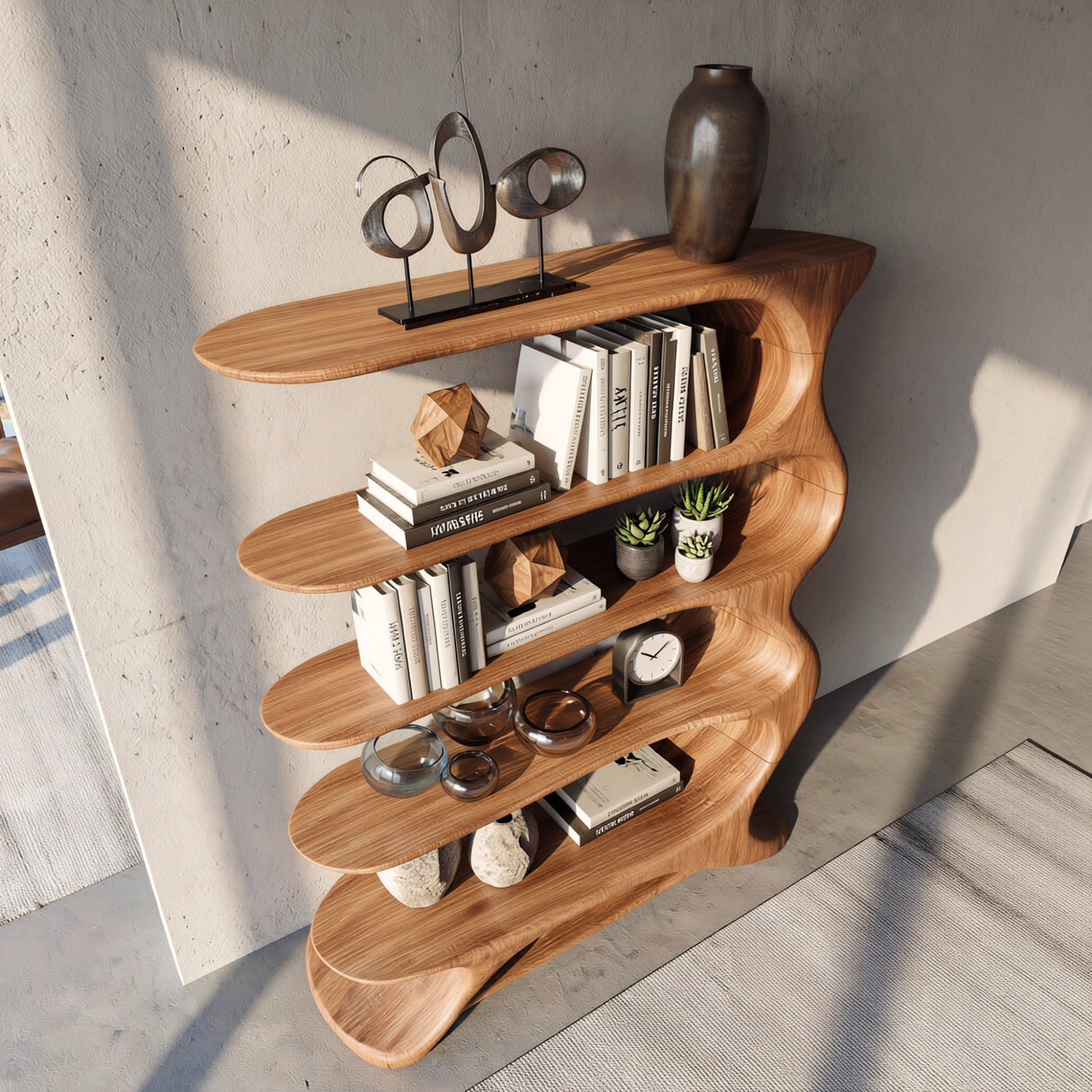 Wave Spine Wood Display Bookcase with Floating Open Shelves