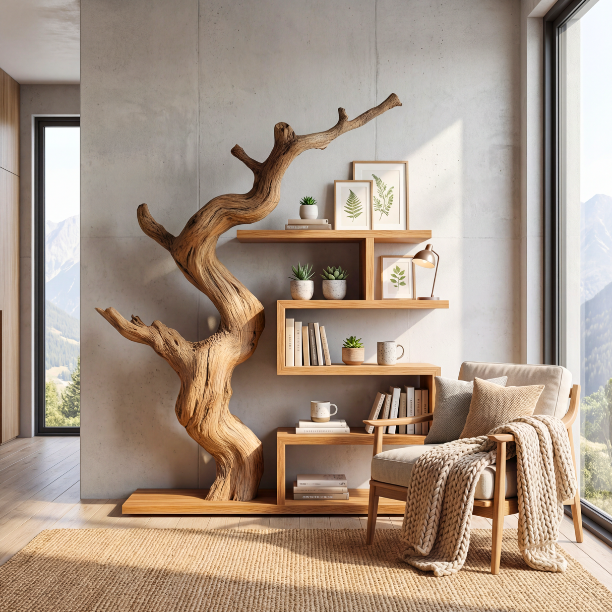 Sculptural Bookshelf with Organic Tree Form Modern Display Shelf