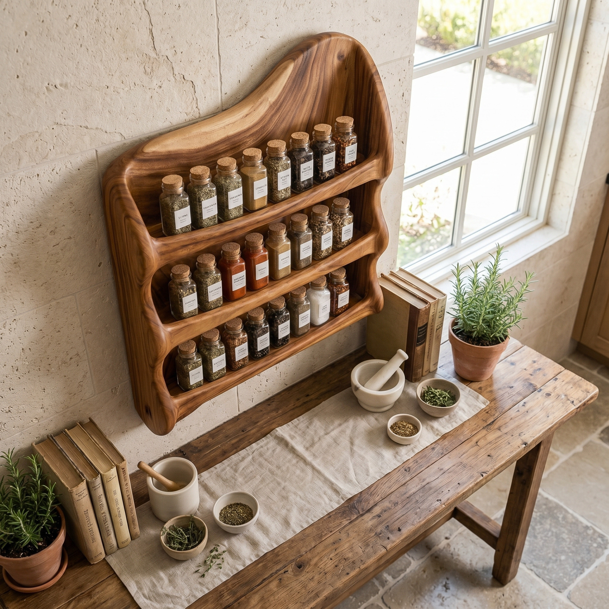 Handcrafted Solid Wood Wall-Mounted Spice Shelf with Wavy Side Frame