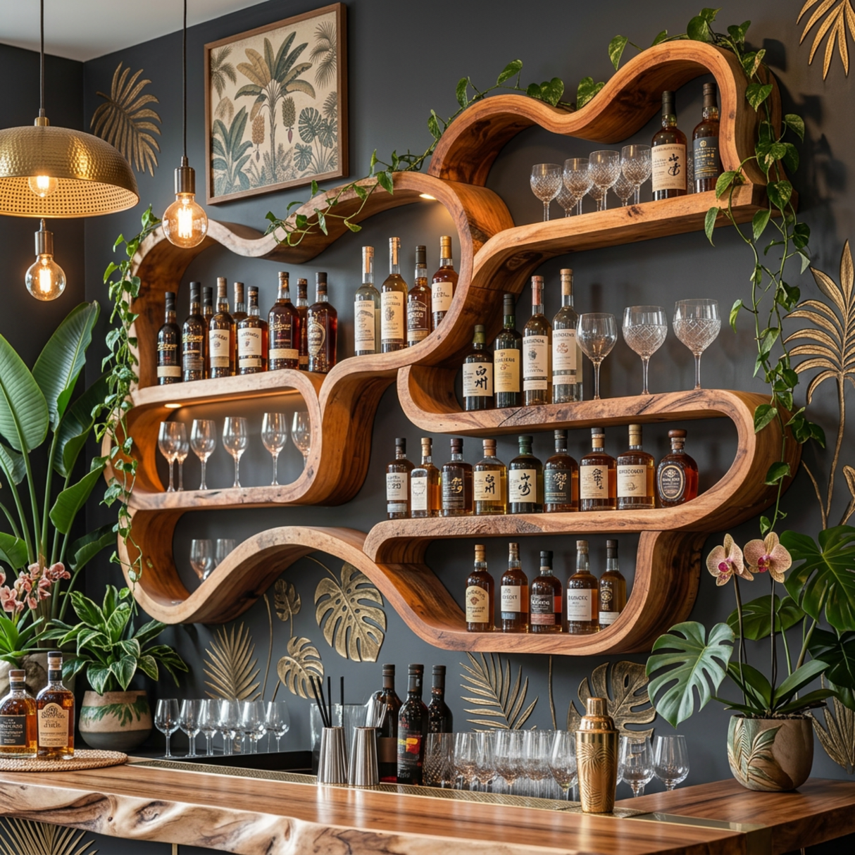 Organic Solid Wood Wall-Mounted Wine Rack with Flowing Shelves