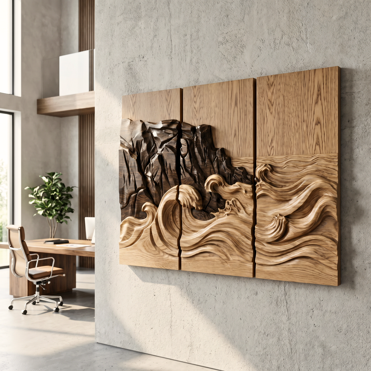 Carved Ocean Wave Triptych Wood Wall Art