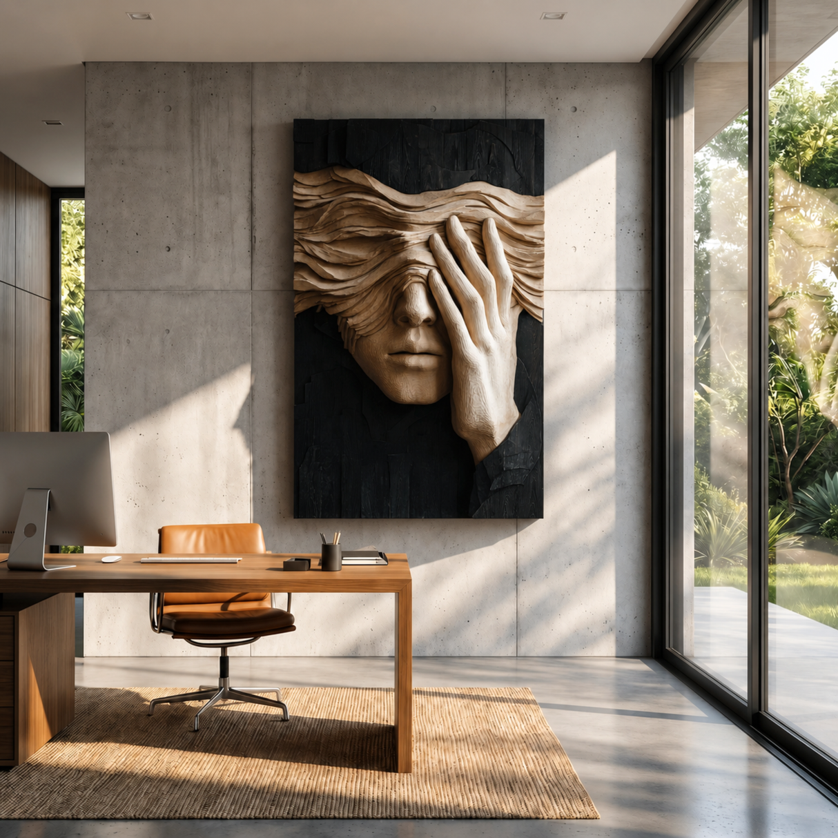 Silent Gaze Wood Wall Sculpture with Flowing Veil