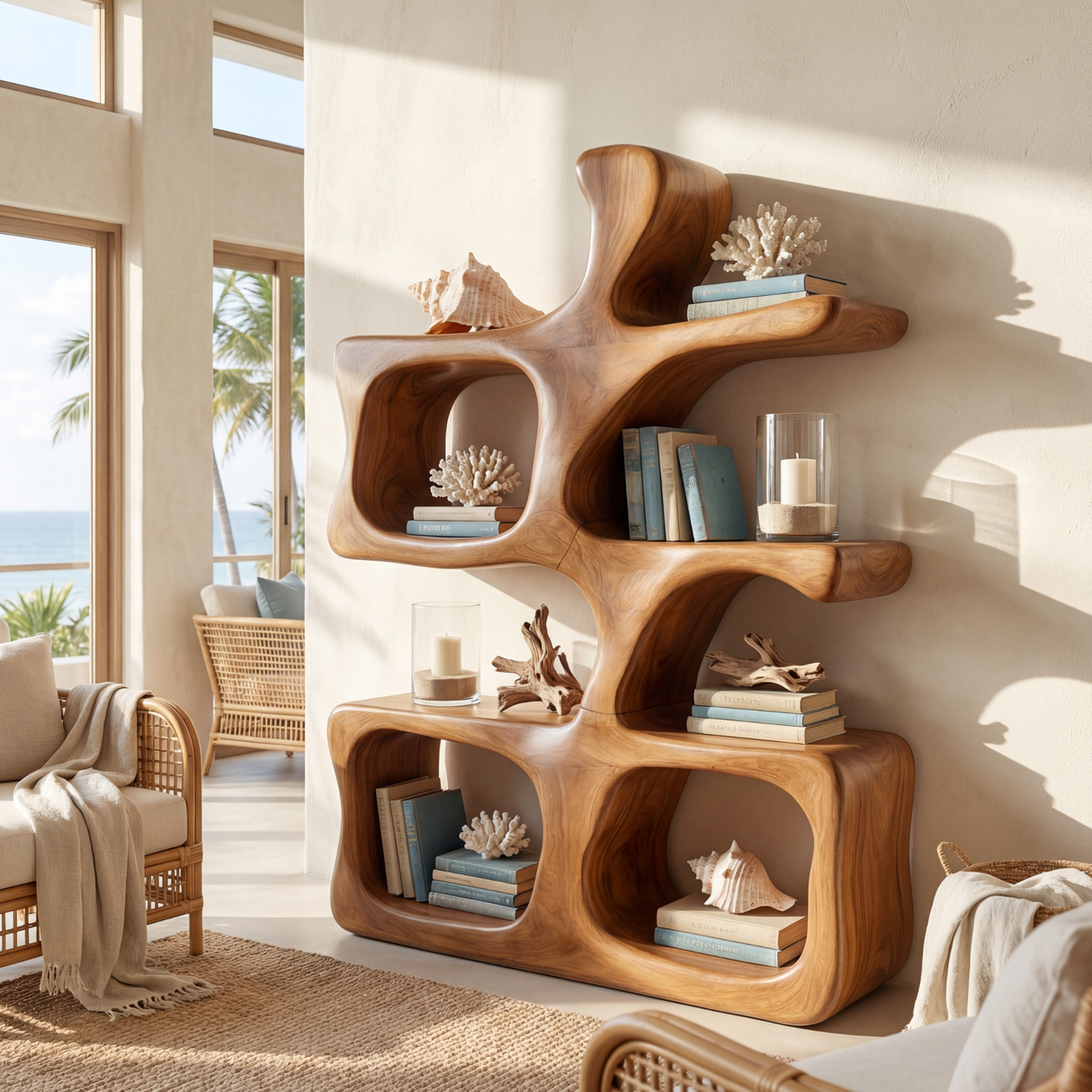 Sculptural Organic Wood Display Shelf with Open Compartments