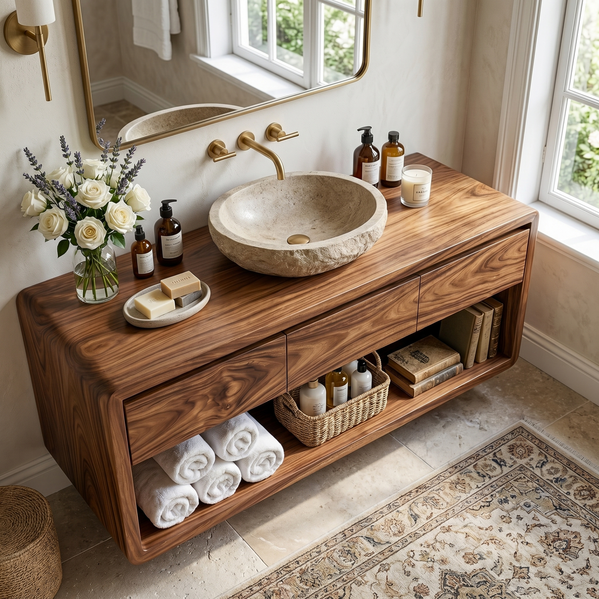 Floating Solid Wood Bathroom Cabinet Vanity with Rounded Modern Form
