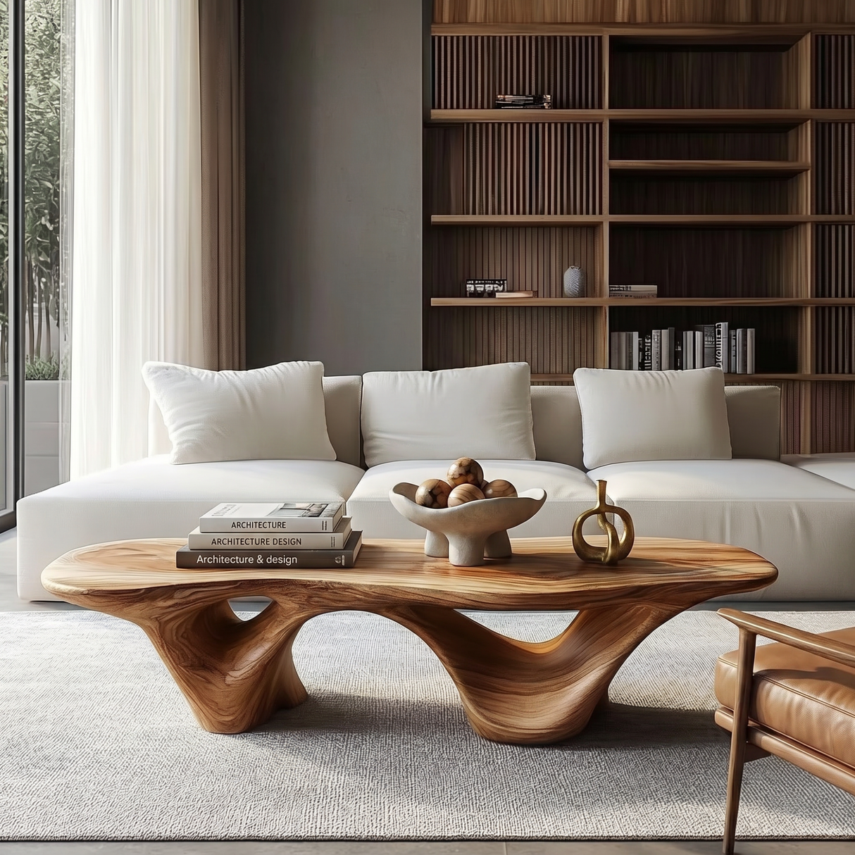 Coffee Table Solid Wood with Triple Hollow Sculptural Base for Living Room