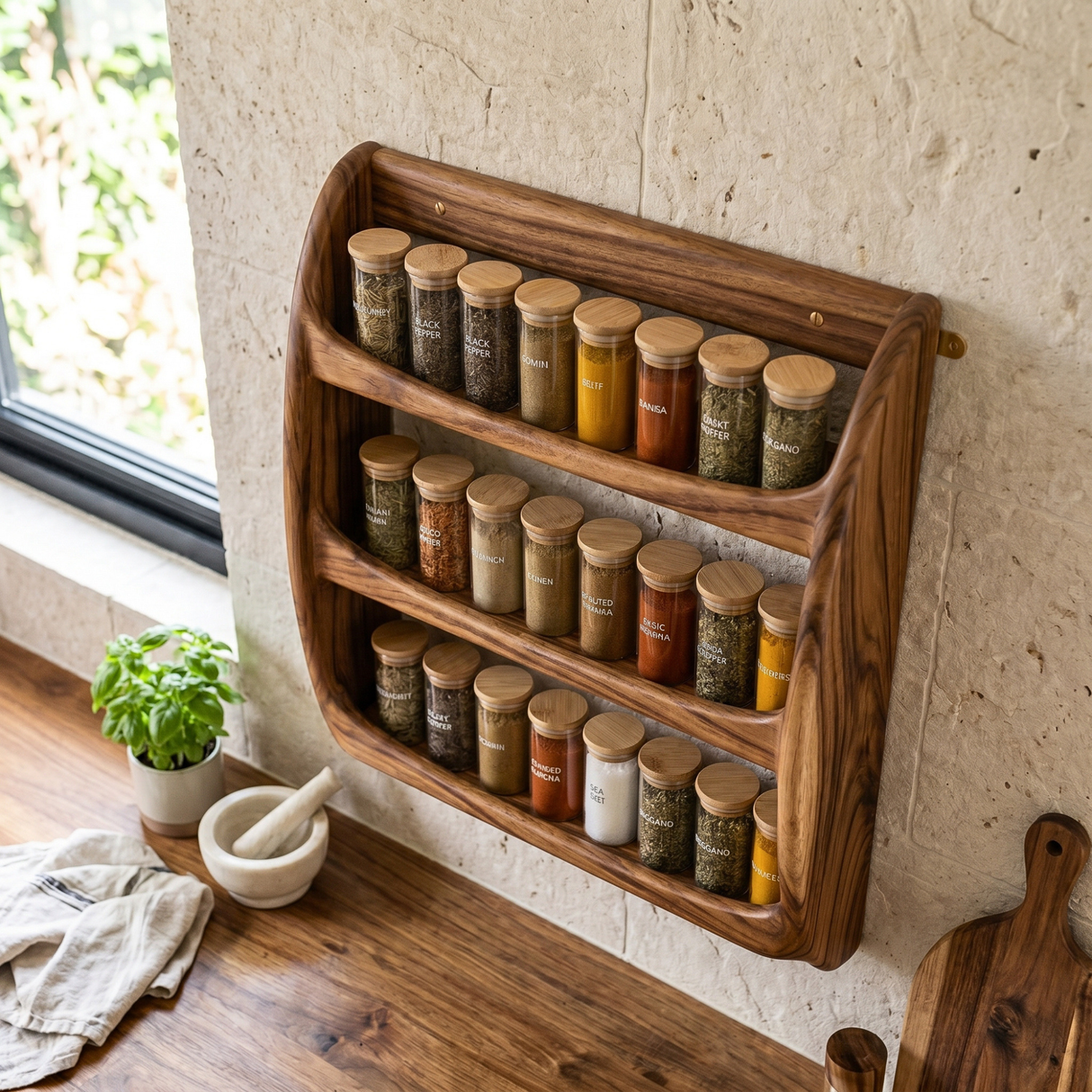 Solid Wood Wall Spice Rack with Rounded Three-Tier Open Shelf Design