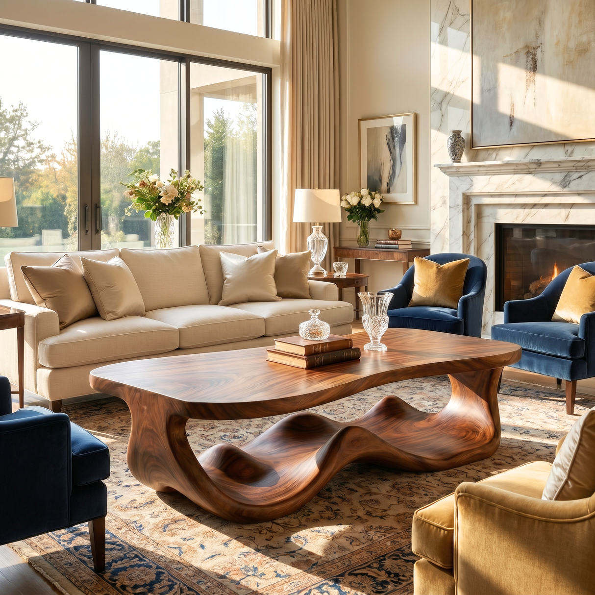 Rustic Solid Wood Coffee Table with Flowing Carved Base and Rounded Edge Top