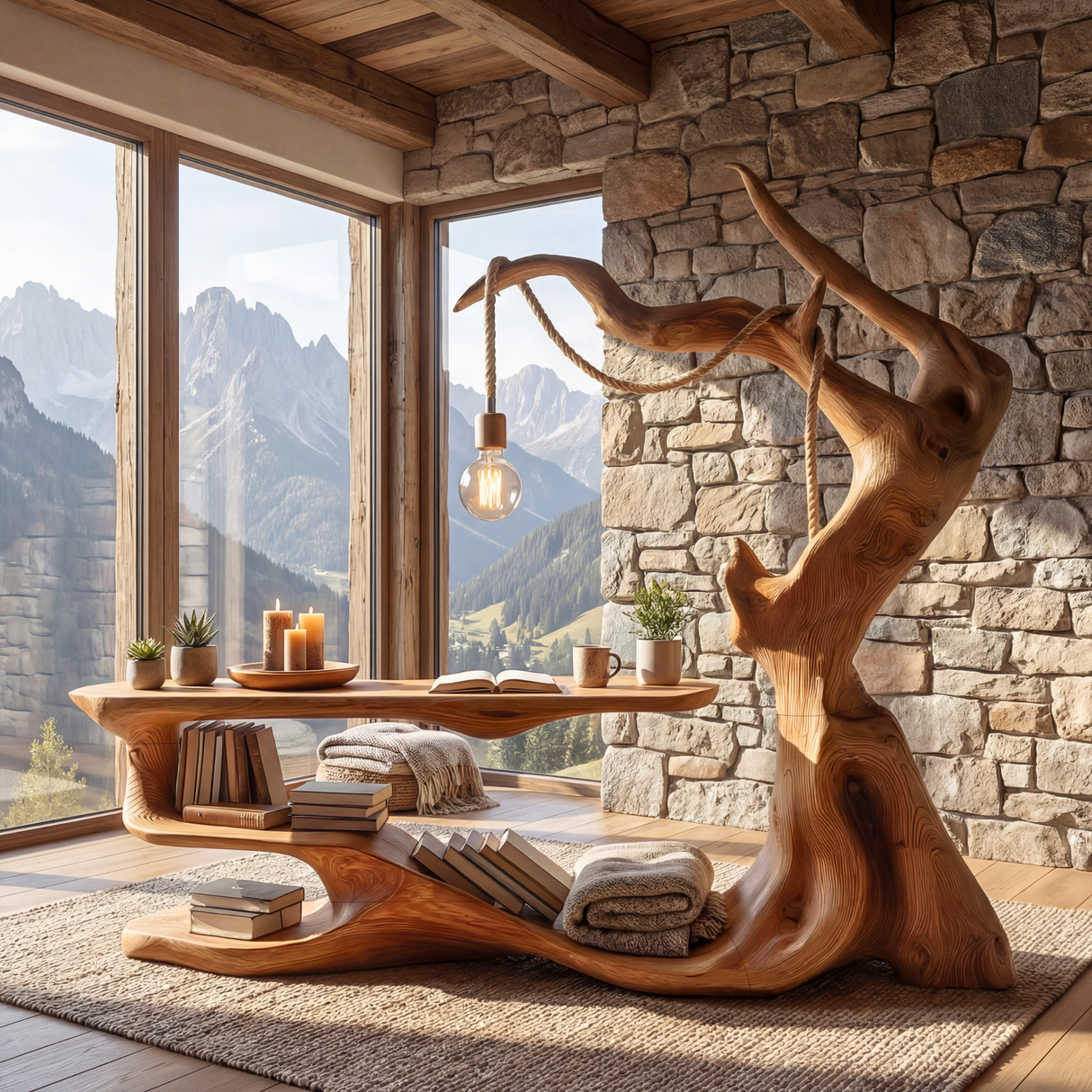 Sculptural Wood Reading Table with Integrated Hanging Lamp