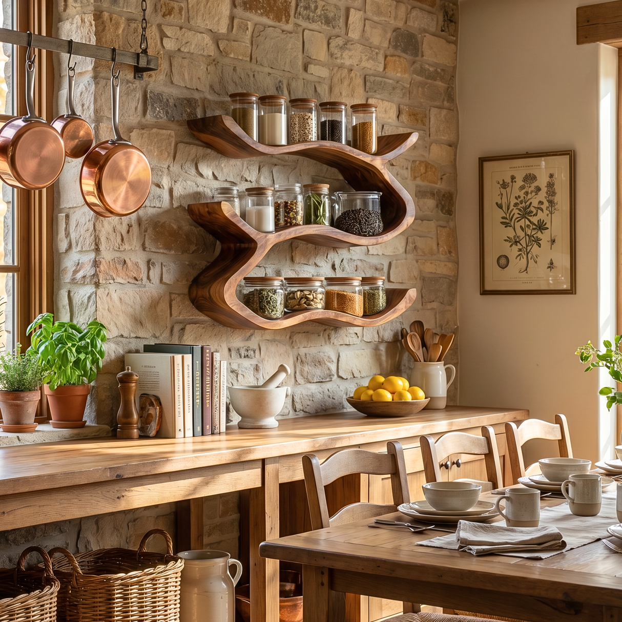 Wall Mounted Solid Wood Spice Shelf with Sculpted Ribbon Edge Design