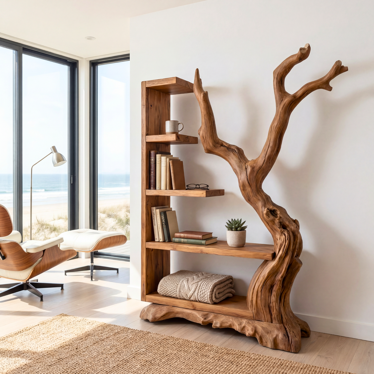 Tall Solid Wood Bookshelf with Sculptural Tree Form Organic Modern Display Shelf