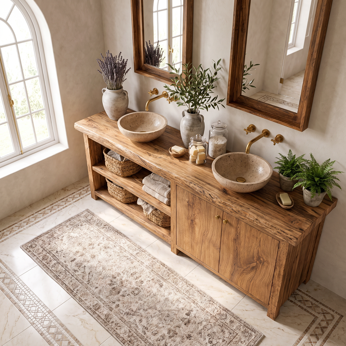 Bathroom Vanity Solid Wood with Double Sink and Open Shelf Storage for Rustic Bathroom