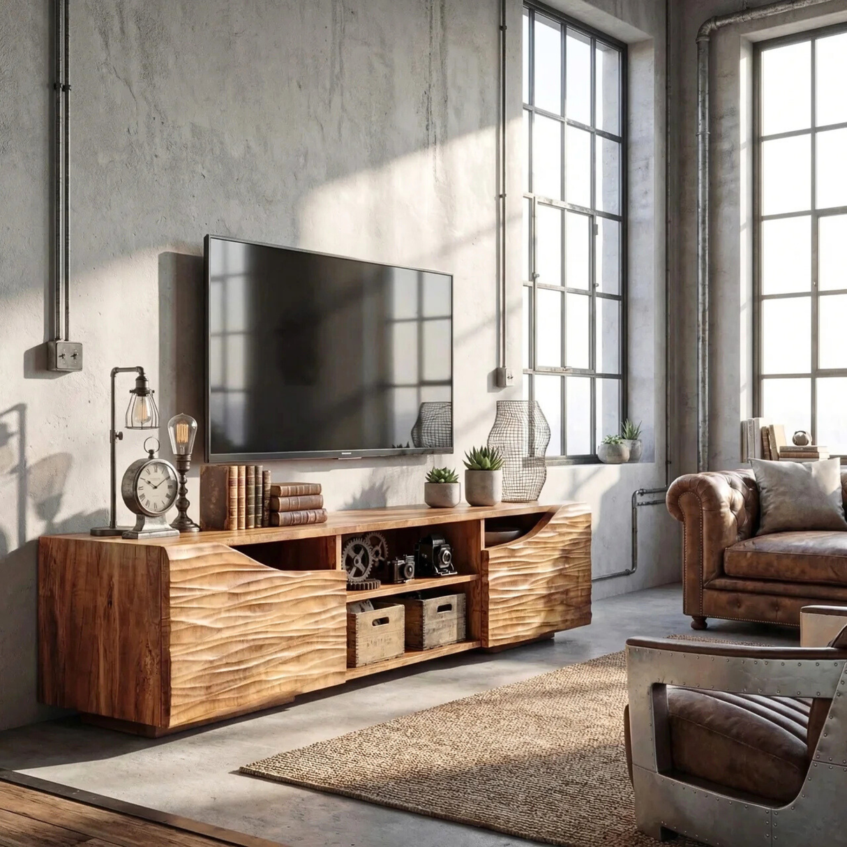 Sculptural Wood TV Cabinet with Carved Wave Doors for Modern Interiors