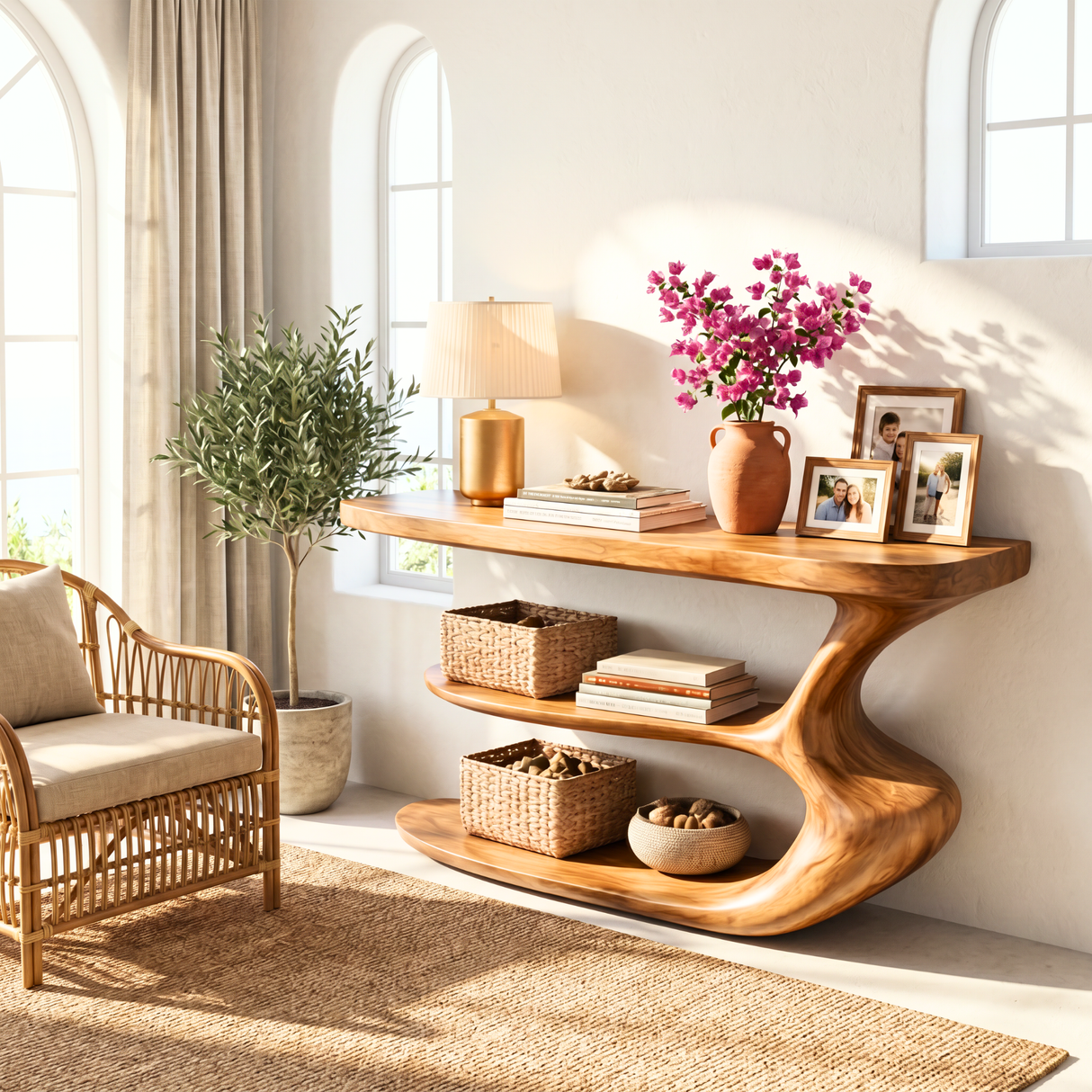Organic Wooden Console Shelf Handmade Sculptural Storage Table