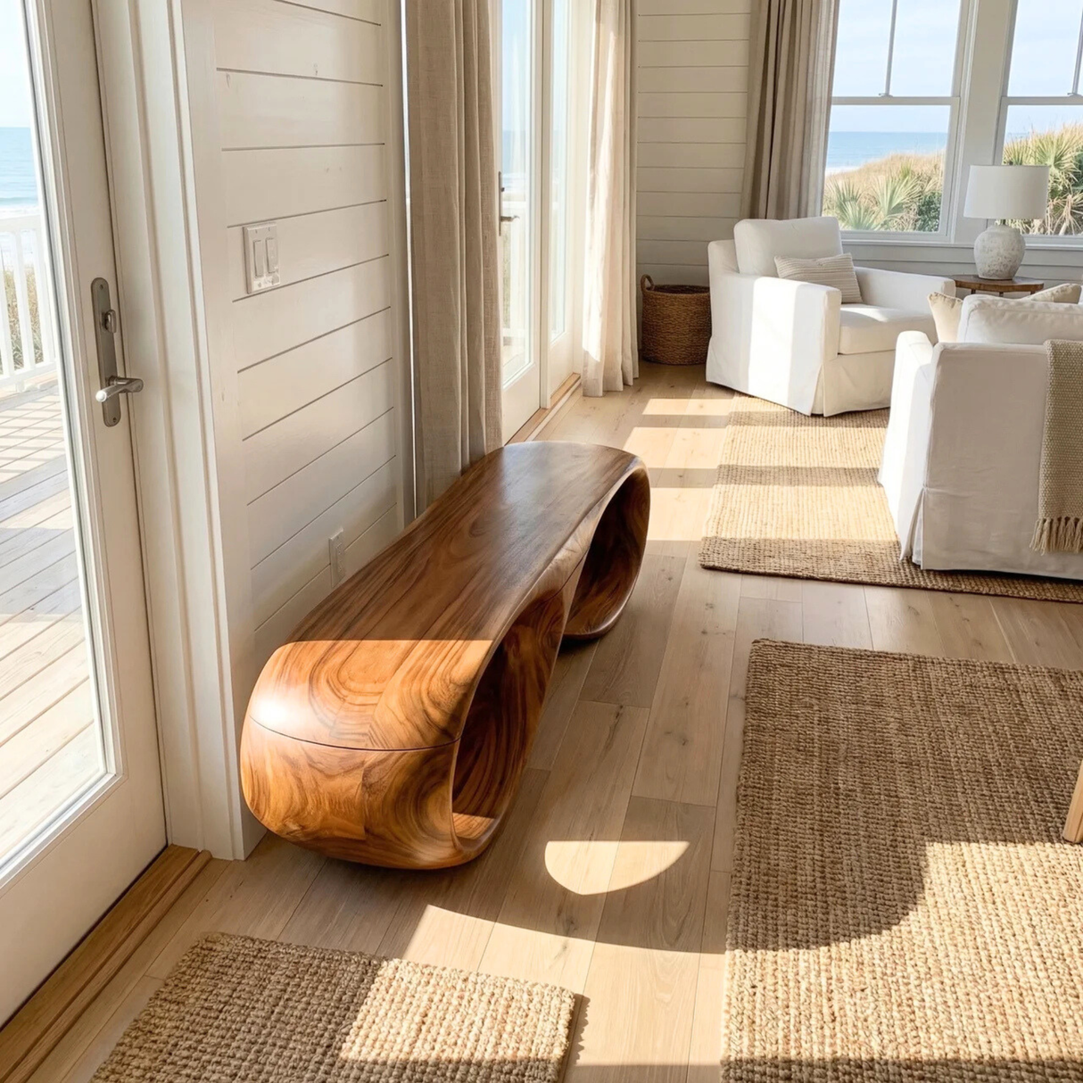 Organic Solid Wood Bench with Sculptural Double Loop Base for Modern Interiors