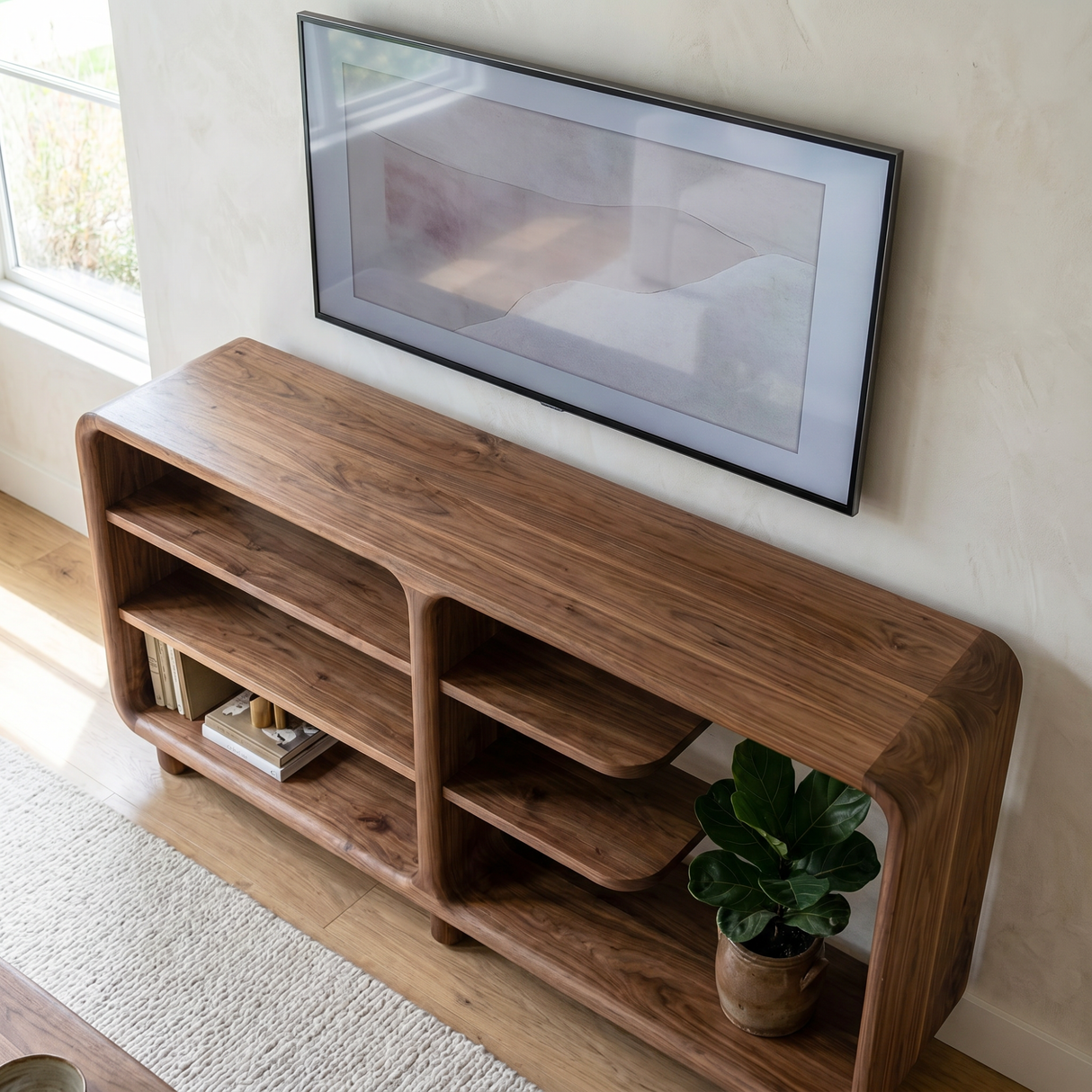 Solid Wood Rounded Console Sideboard with Open Display Shelves