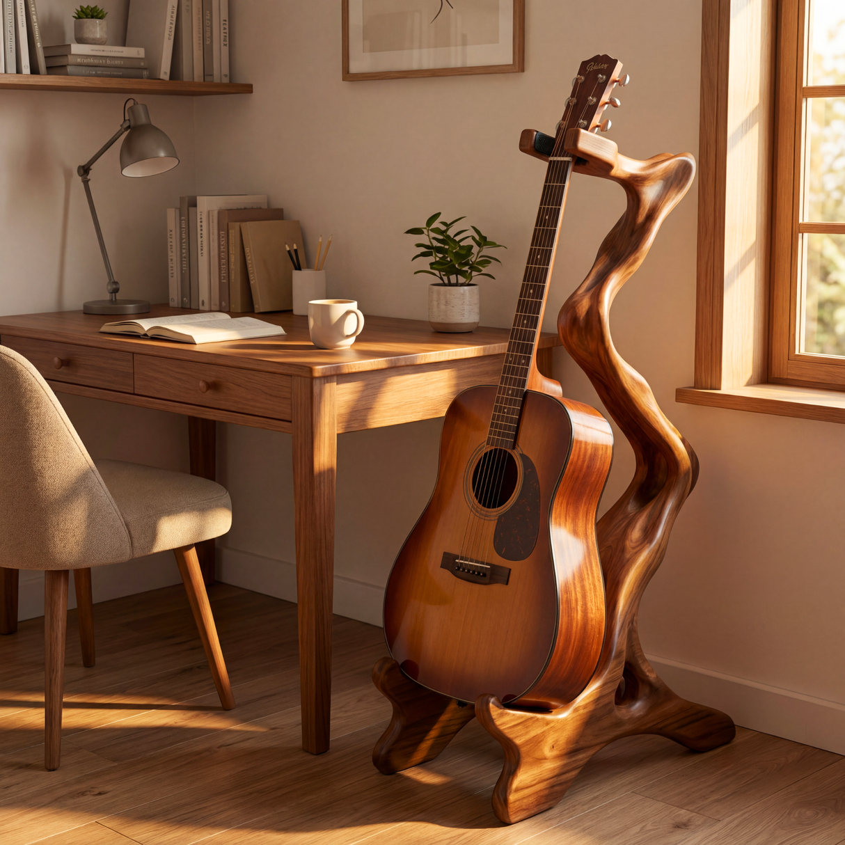 Organic Sculptural Guitar Stand Handcrafted Wooden Acoustic Holder