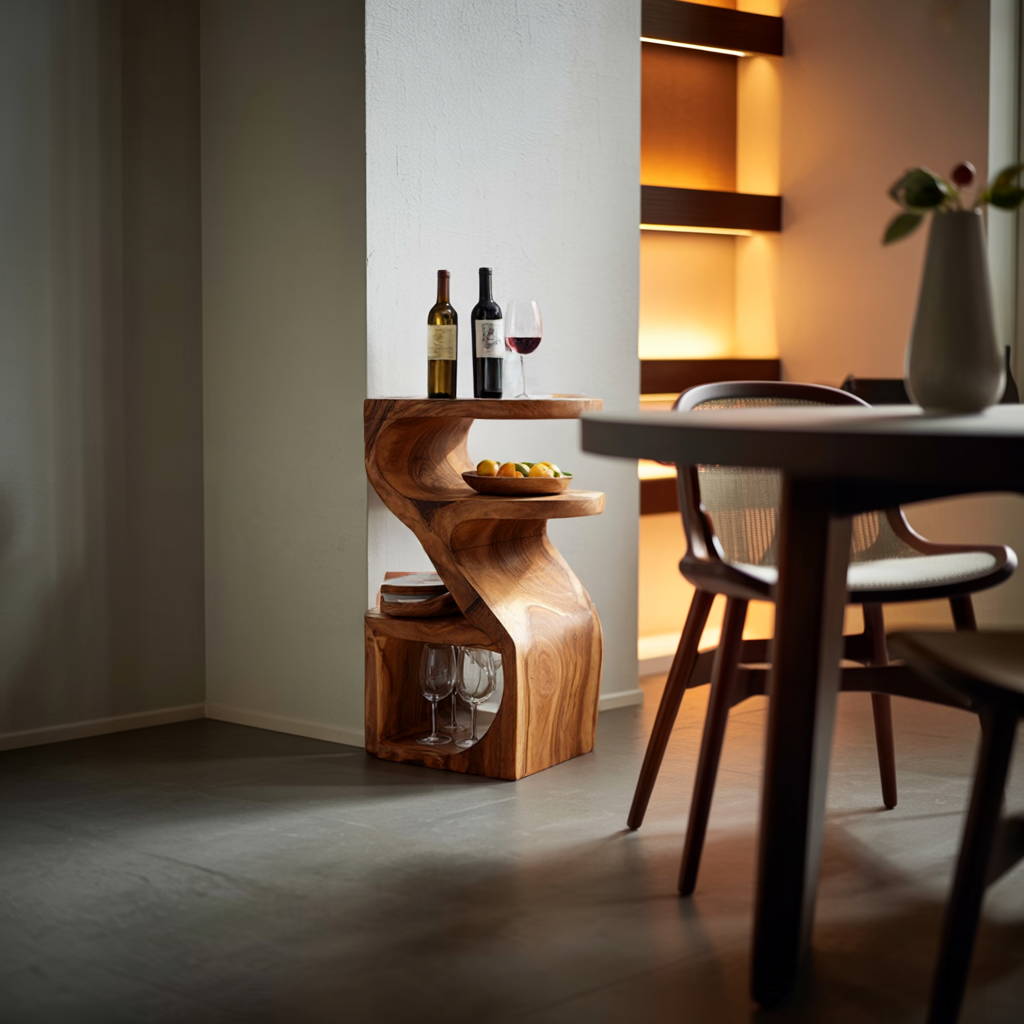 Solid Wood Curved Accent Table with Integrated Shelves for Modern Home