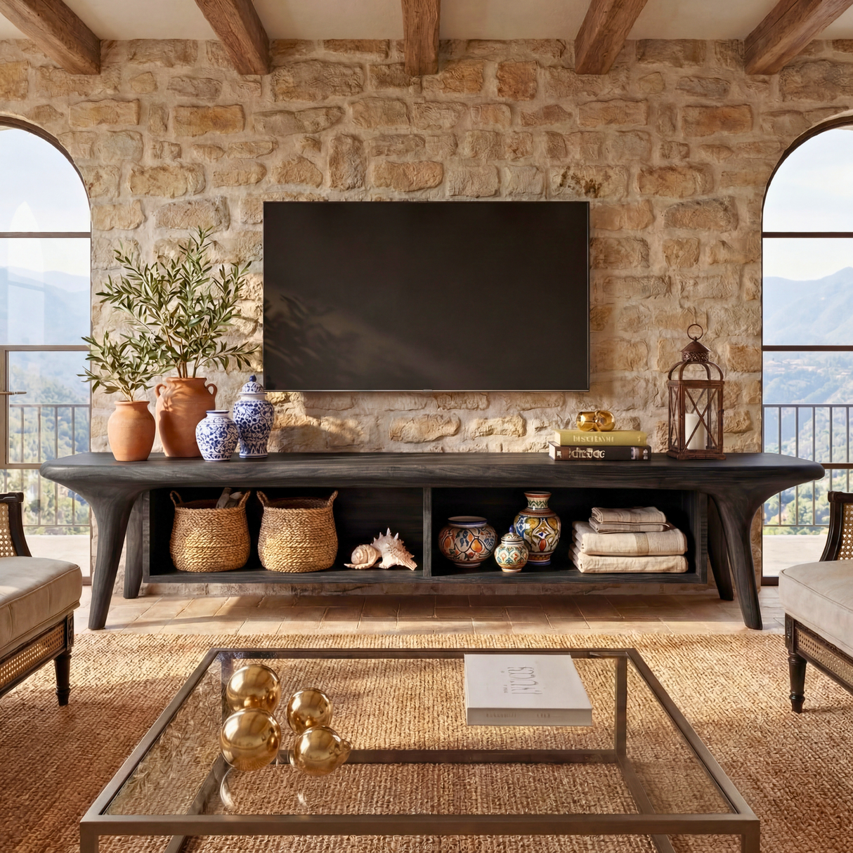 Solid Wood TV Cabinet with Open Shelving, Mediterranean Modern Media Console
