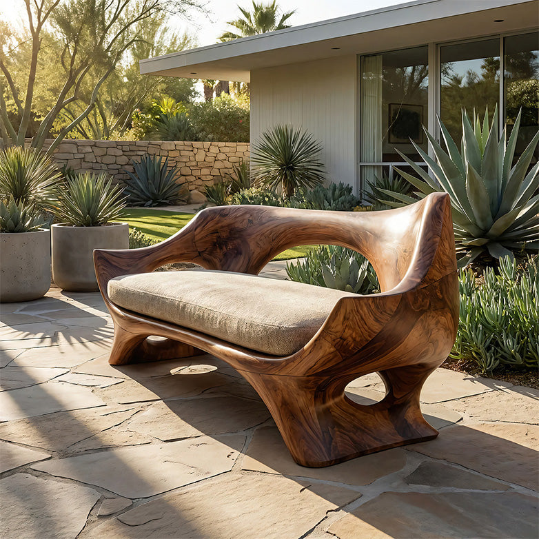 Organic Sculptural Solid Wood Bench with Cushion Handcrafted Modern Artistic Seating