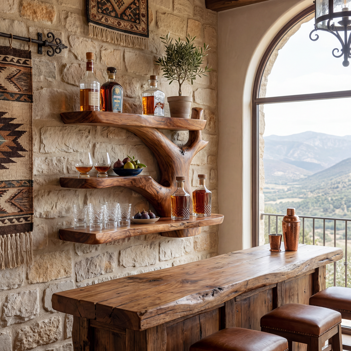 Handcrafted Solid Wood Wall Mounted Bar Shelf with Organic Open Display