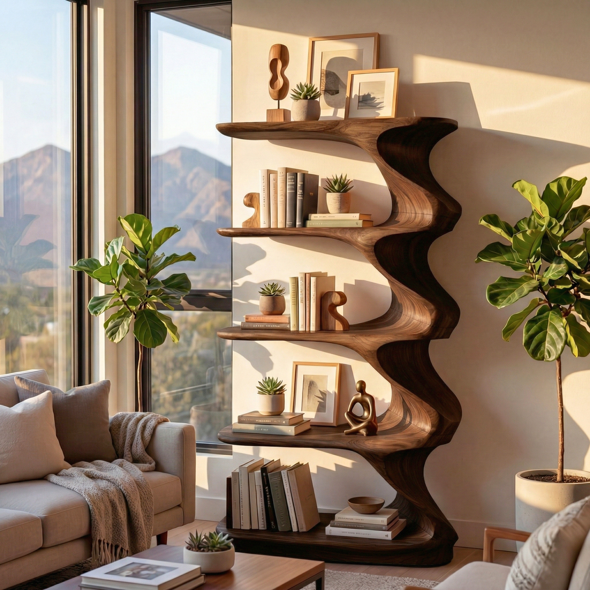 Solid Wood Sculptural Display Shelf with Flowing Curves for Organic Modern Interiors