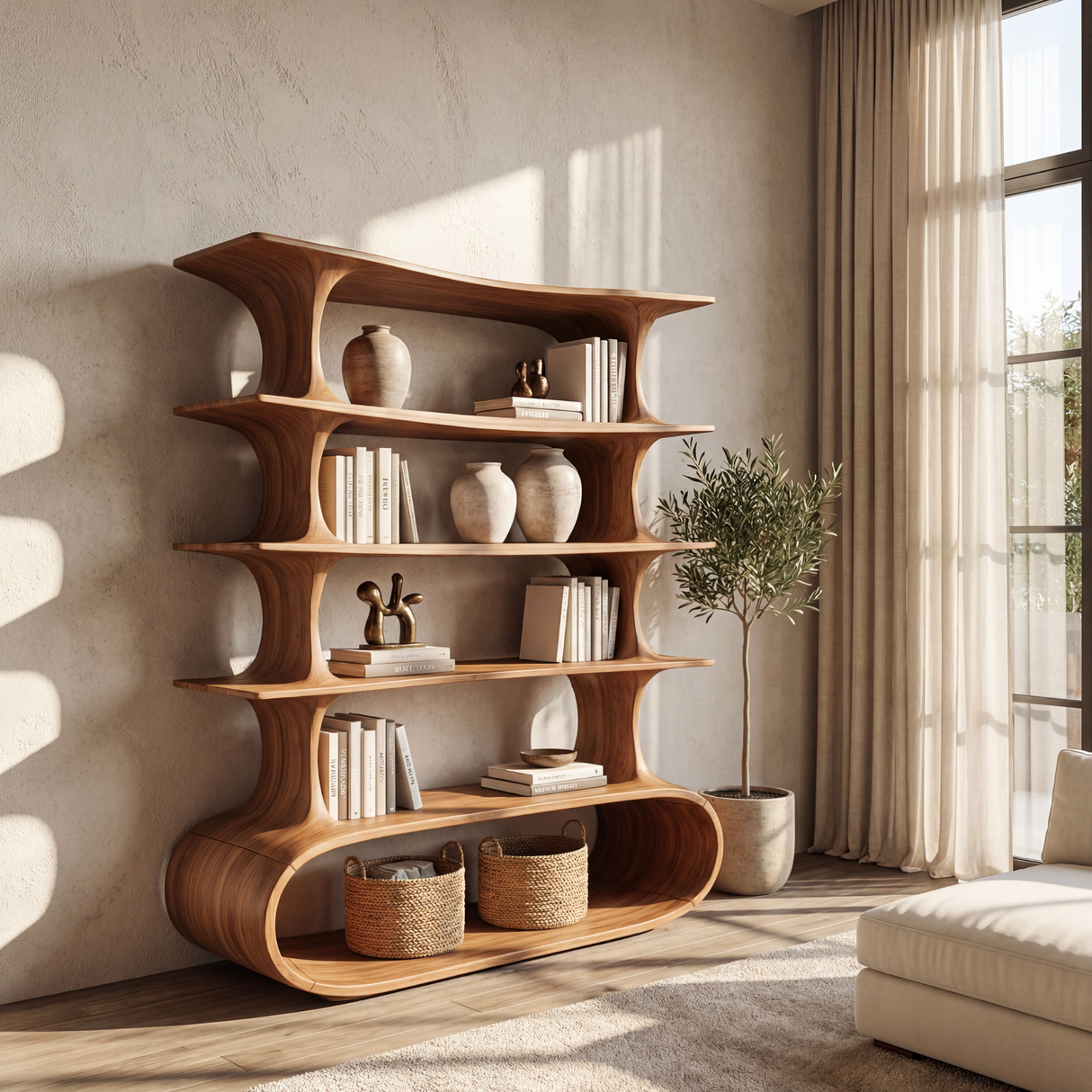 Modern Tiered Curve Wood Shelf for Books and Decorative Display