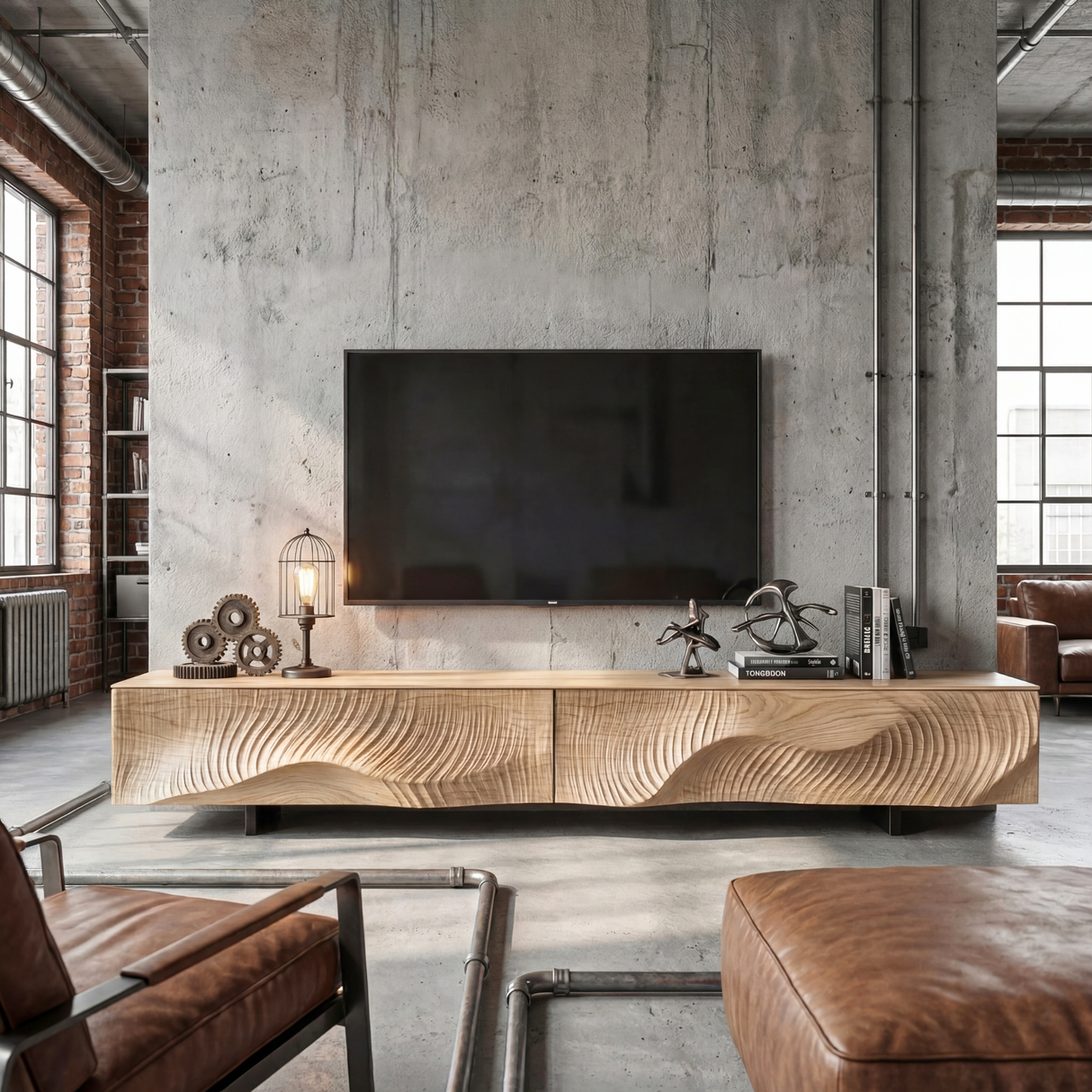 Architectural Wood TV Cabinet with Flowing Relief Front