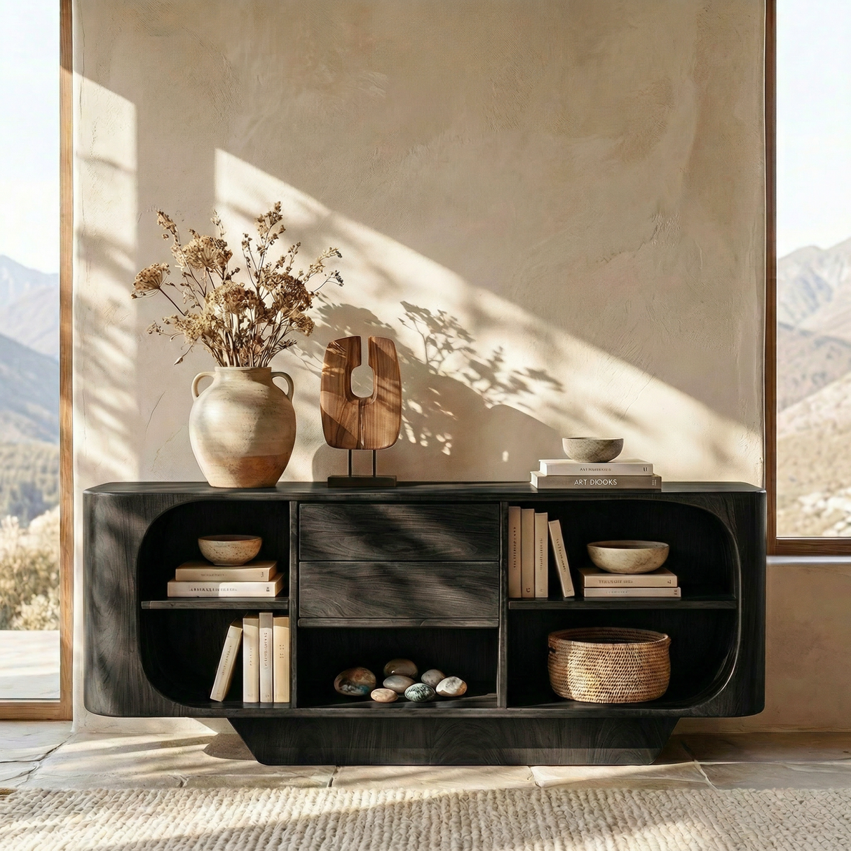 Sculptural Solid Wood Sideboard with Center Drawers and Rounded Open Shelves, Organic Modern Storage Cabinet