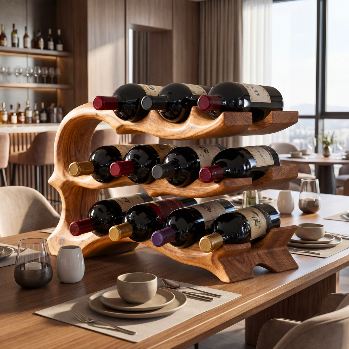 Solid Wood Wine Rack Sculptural Open Frame Bottle Holder Multi Tier Bar Display