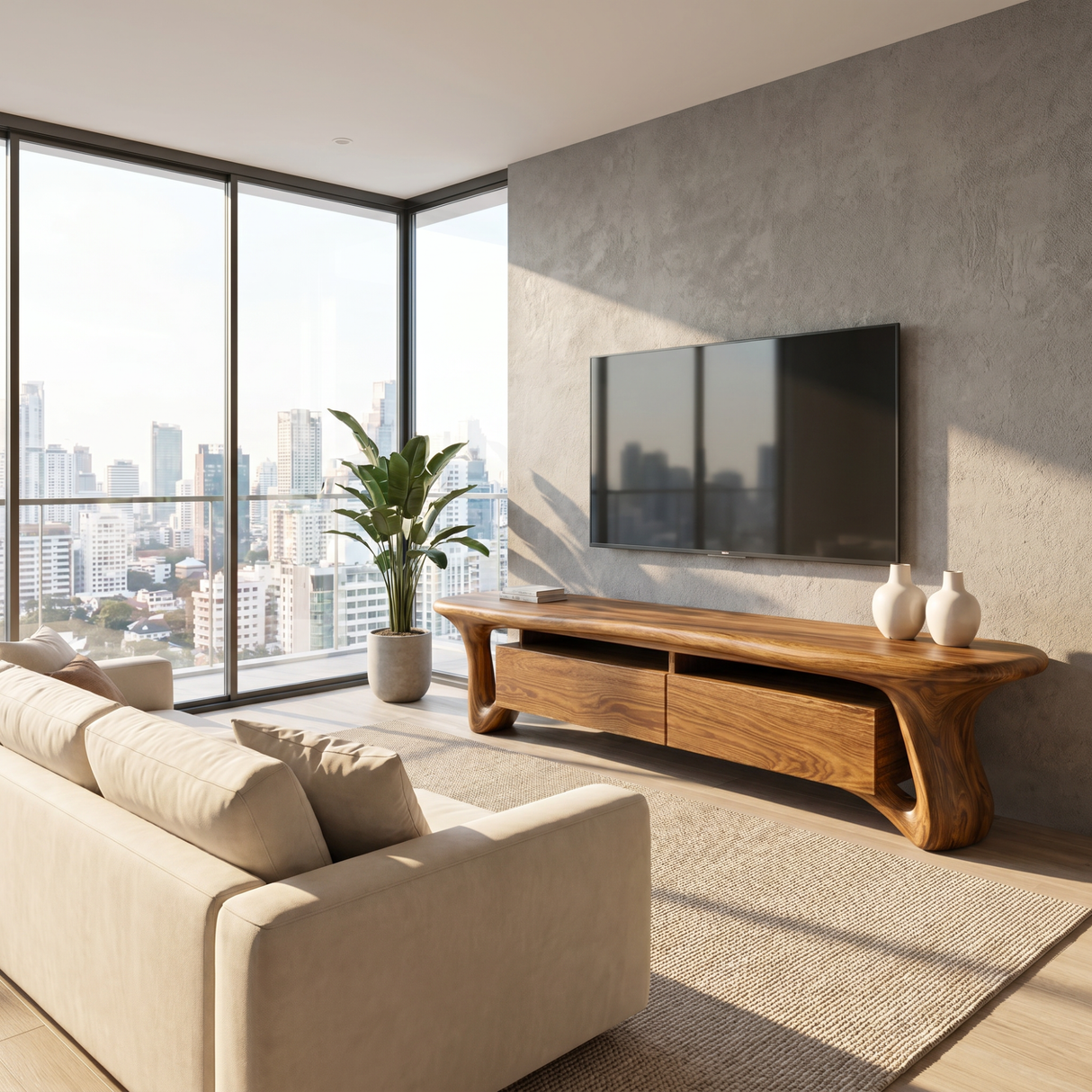 Organic Solid Wood TV Stand with Sculptural Loop Legs and Storage Drawers
