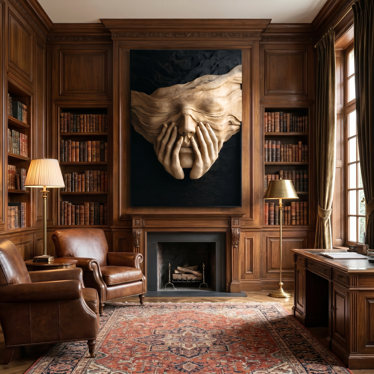 Sculptural Wood Wall Art with Veiled Face and Hands