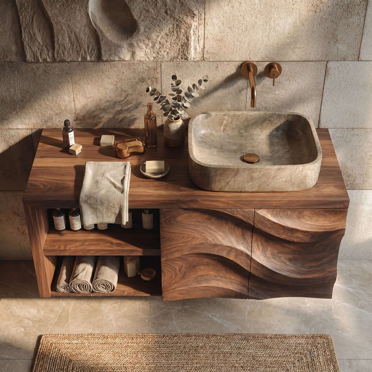 Sculptural Solid Wood Bathroom Vanity Cabinet with Flowing Carved Front