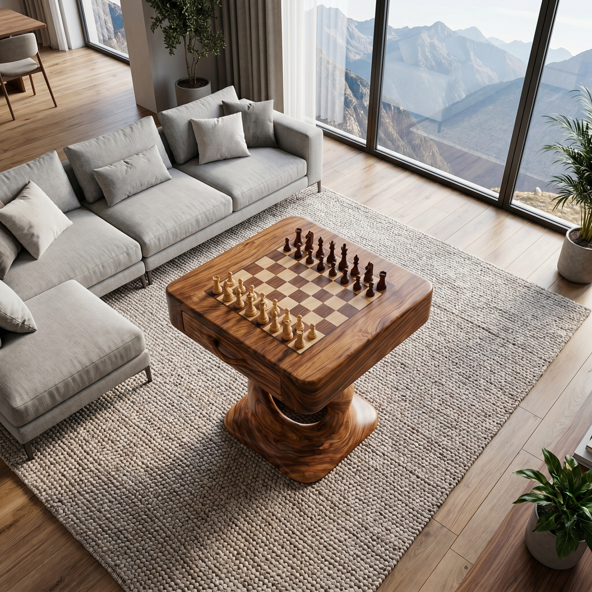 Handcrafted Solid Wood Chess Table with Storage Drawer and Sculptural Pedestal Base