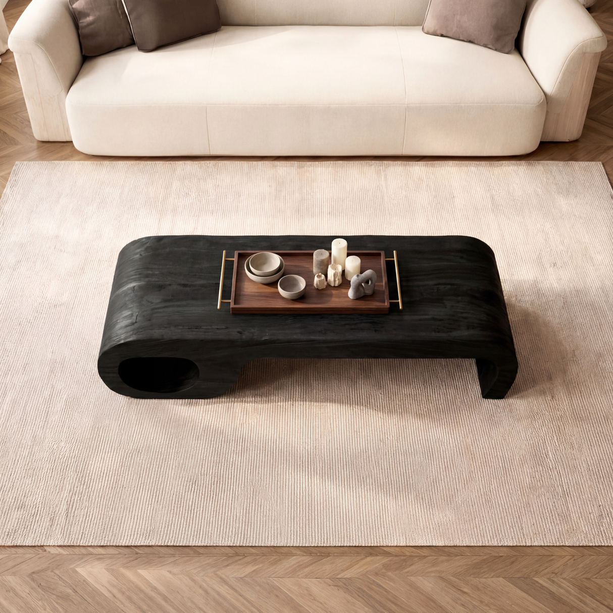 Sculptural Solid Wood Coffee Table, Modern Curved Statement Table