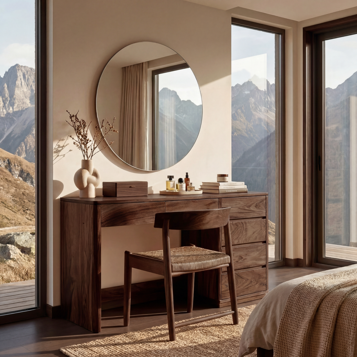 Wood Vanity Table with Side Drawers, Minimalist Dressing Table for Modern Bedrooms