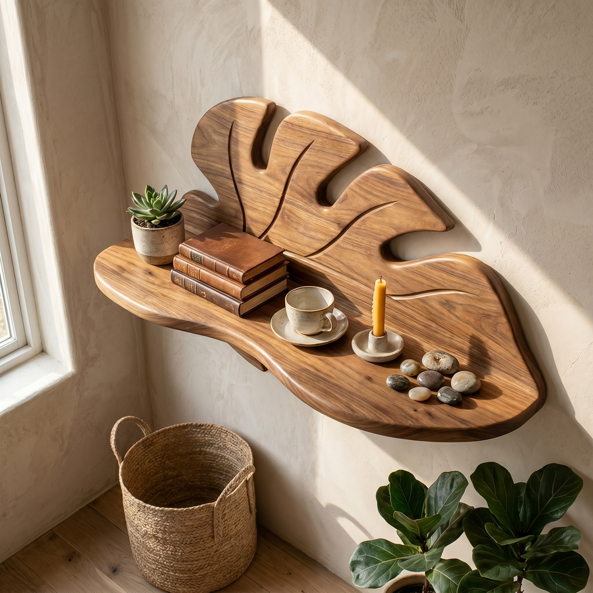 Hand Sculpted Solid Wood Tropical Leaf Wall Shelf with Display Ledge