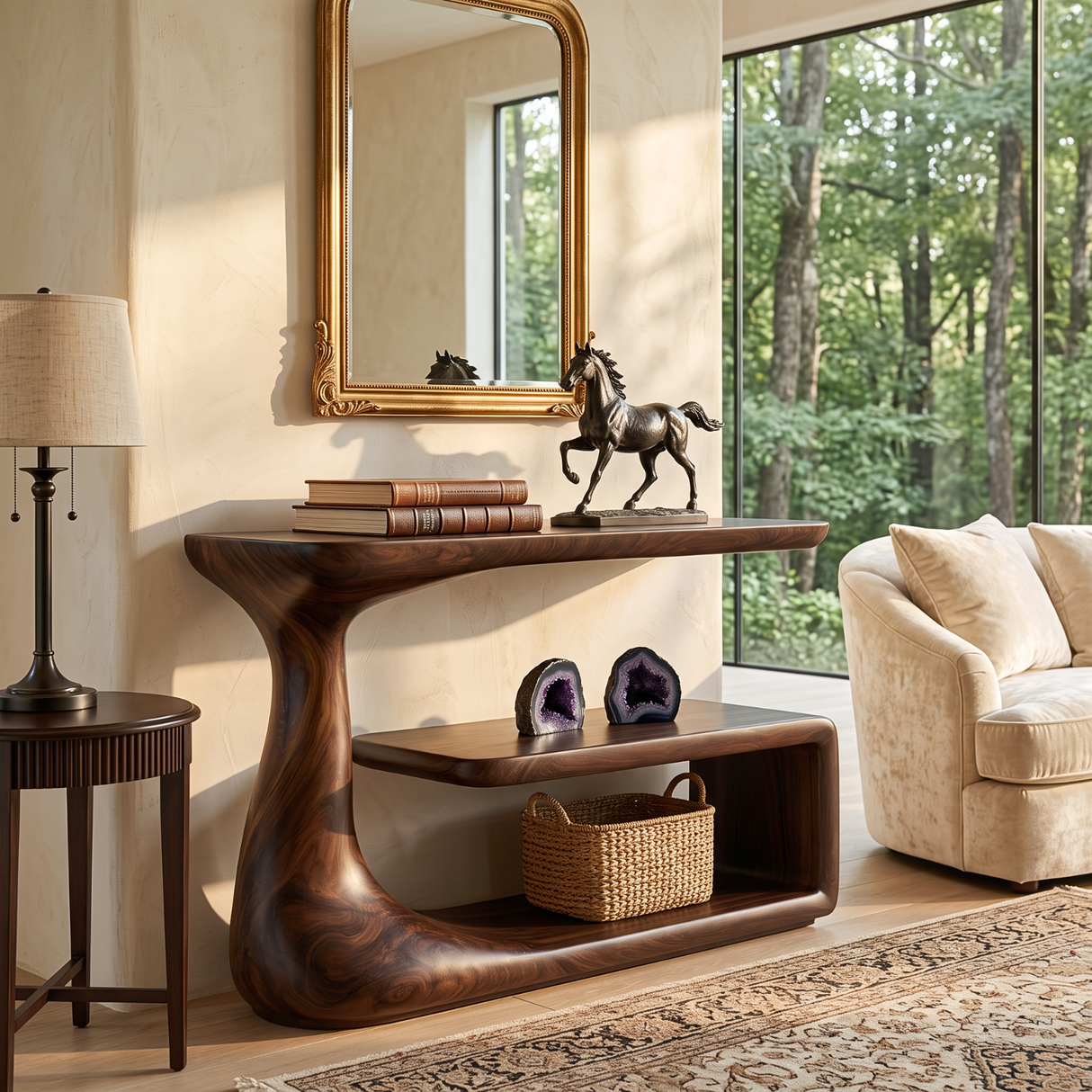 Console Table with Organic Curved Frame and Open Display Shelf