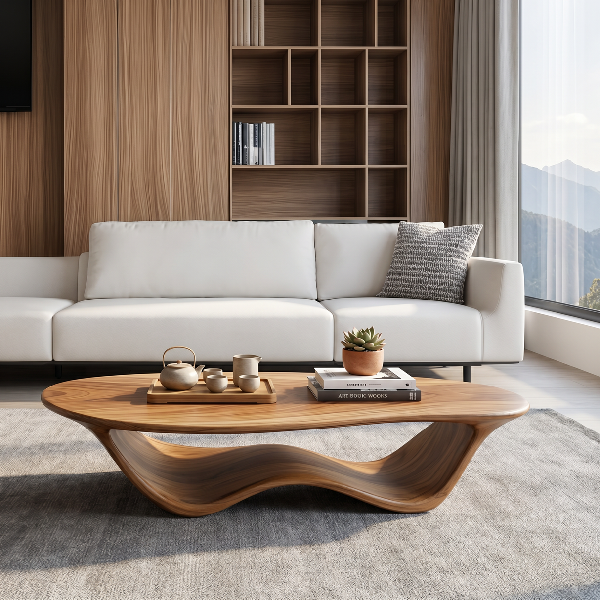 Coffee Table Solid Wood with Flowing Wave Sculptural Base for Living Room